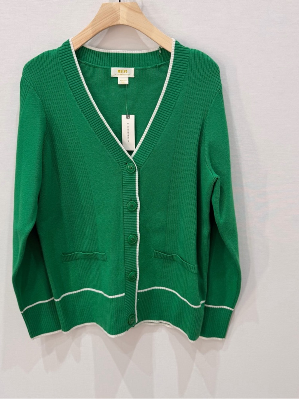 Maeve by Anthropologie Green V-Neck Button Cardigan with White Trim